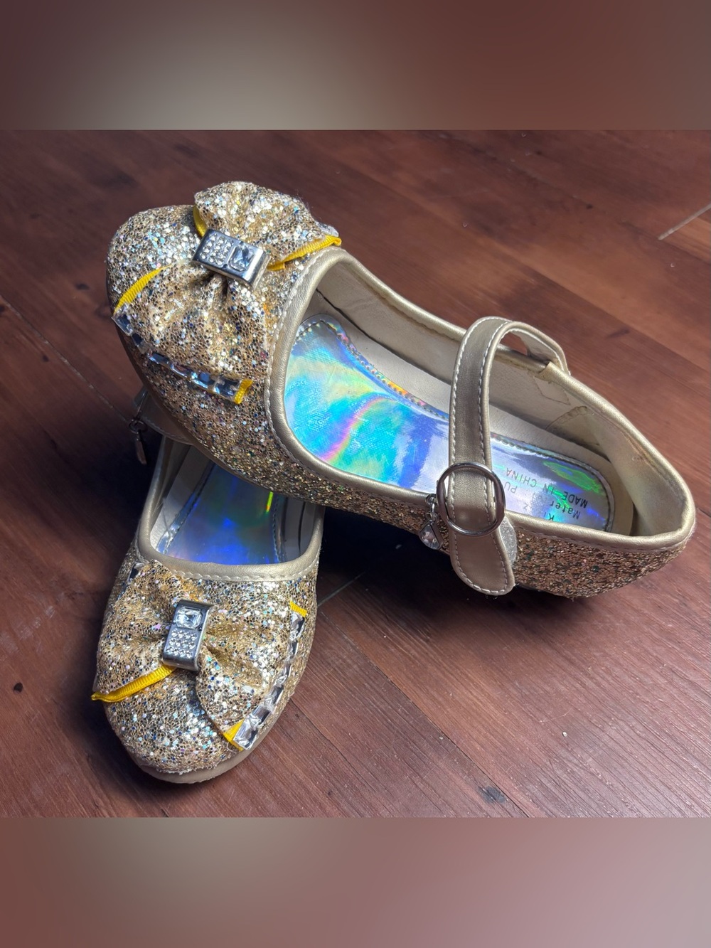 Girls Size 2 Gold Glittery Dressy Heels with Bow & Ankle Charm